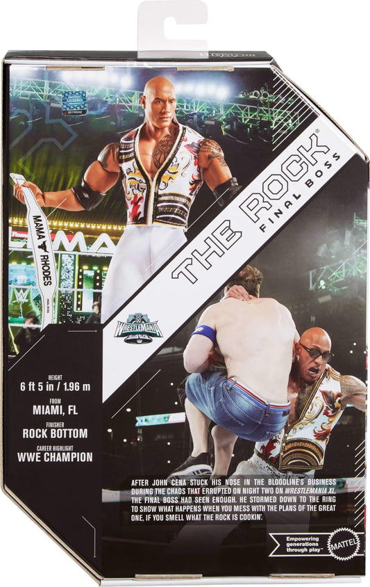 Mattel WWE Ultimate Edition Action Figure & Accessories Set, The Rock Final Boss 6-inch Collectible with Swappable Heads & Hands, 30 Articulation Points, JKD32