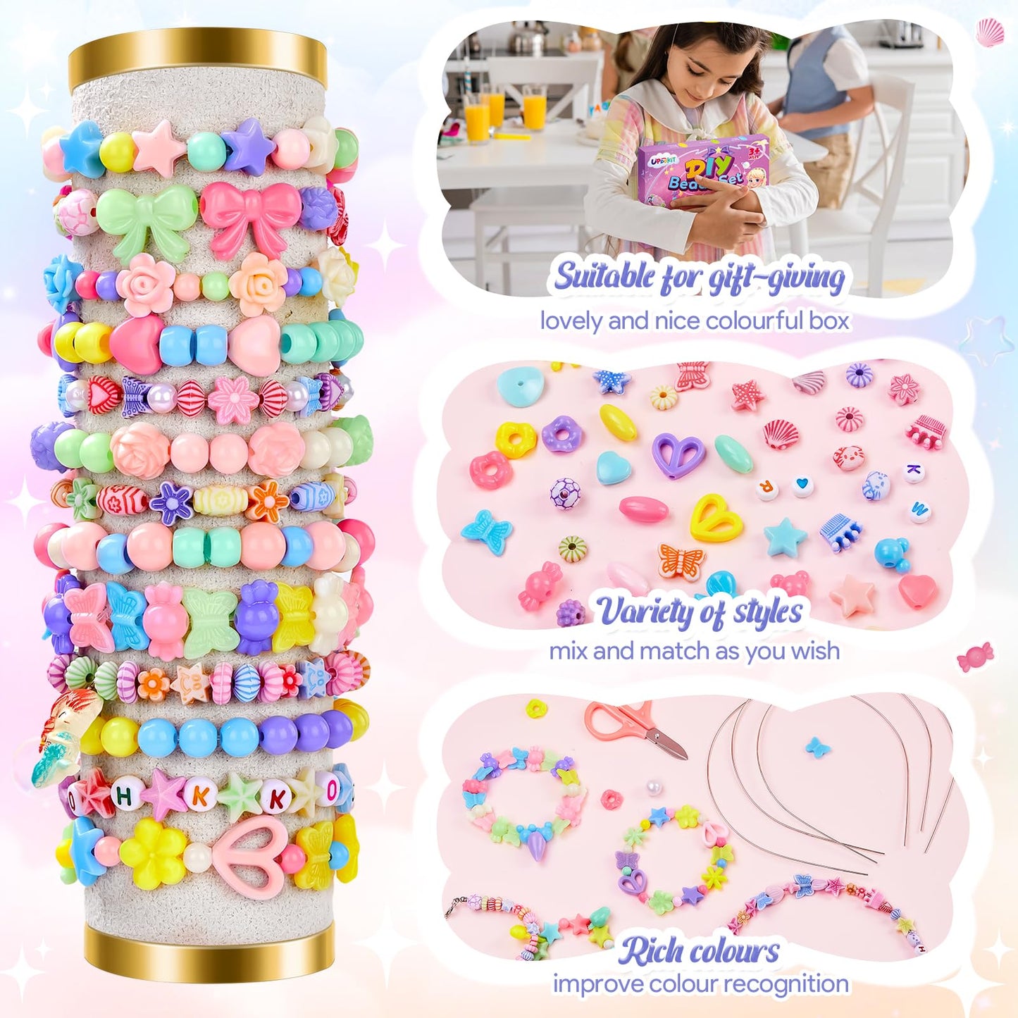 UPDOKIT Jewellery Bracelet Making Kits, 2 Boxes DIY Crafts Bracelets Necklace Making Kits for Girls, Friendship Birthday Presents Bracelet Making Kit for Kids Teen 3-14 Years Old