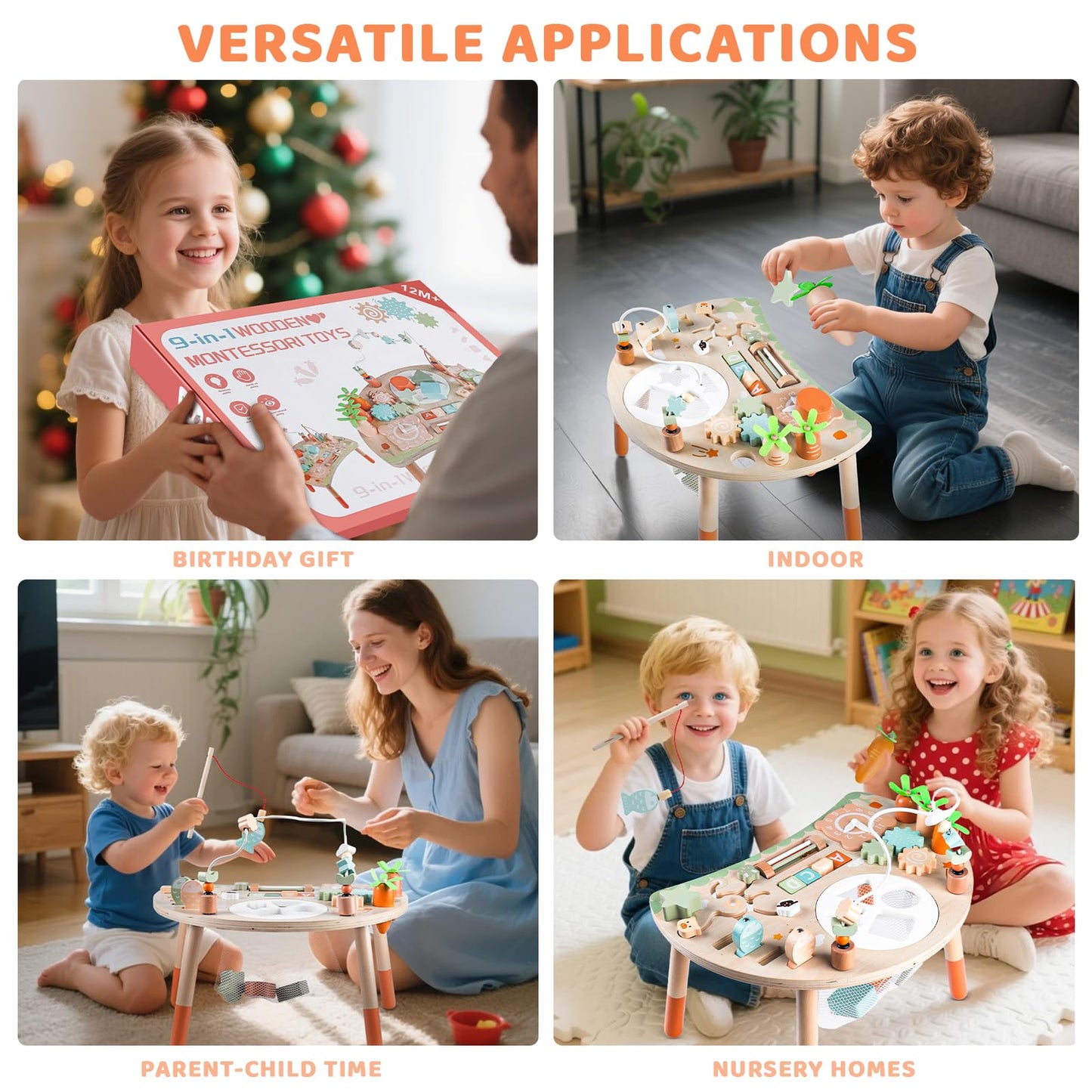 Hewaurorion 9-in-1 wooden activity table for toddlers with shape sorter, bead maze, fishing game, and sensory learning features.
