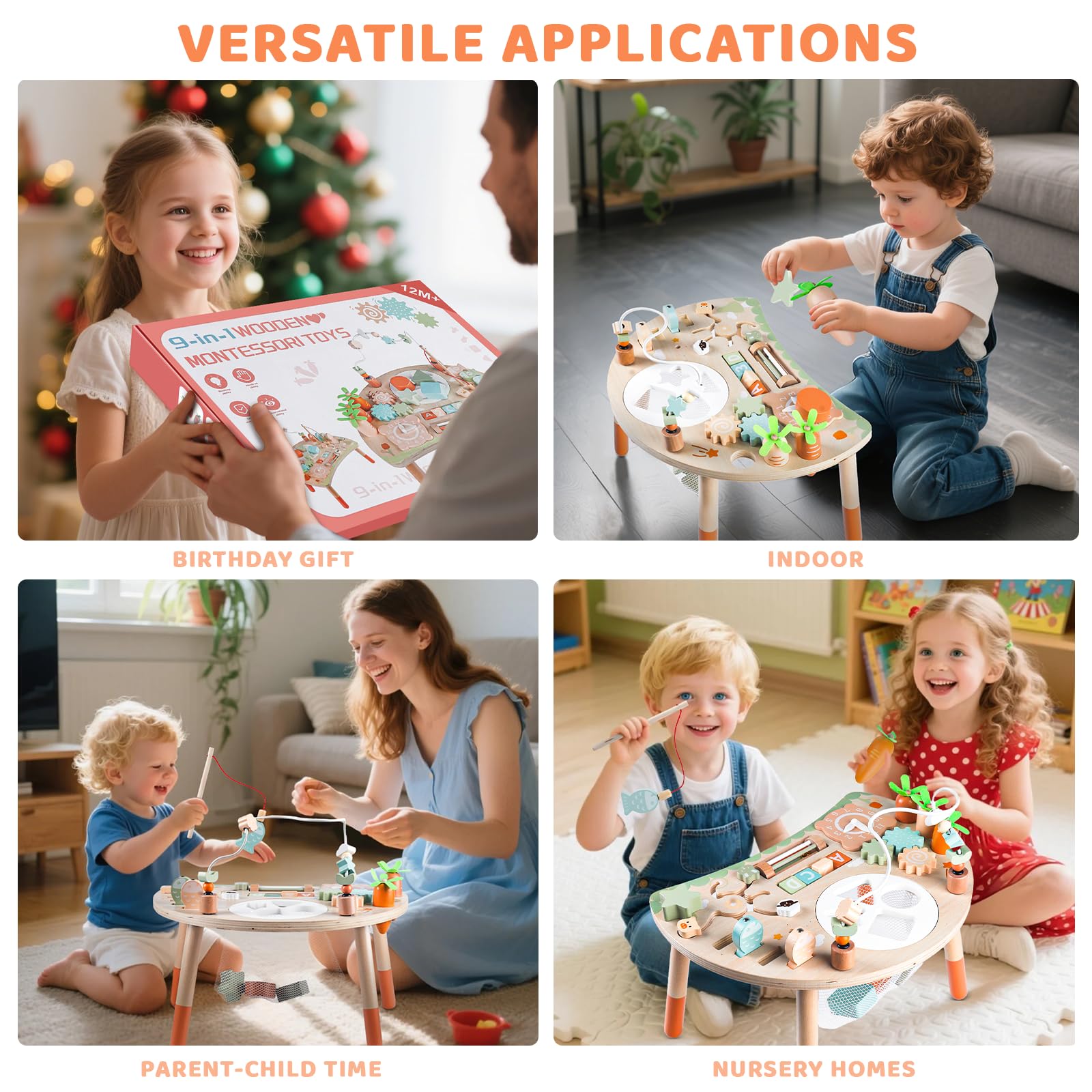 Hewaurorion 9-in-1 wooden activity table for toddlers with shape sorter, bead maze, fishing game, and sensory learning features.