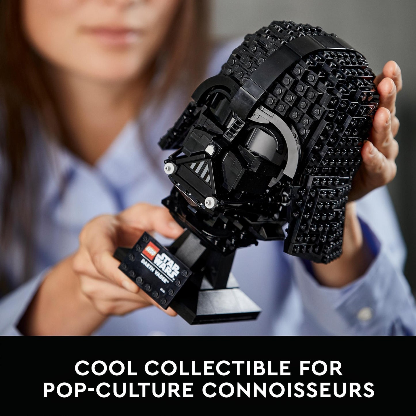 LEGO Star Wars Darth Vader Helmet set, detailed mask display model kit for adults, showcasing black helmet design.