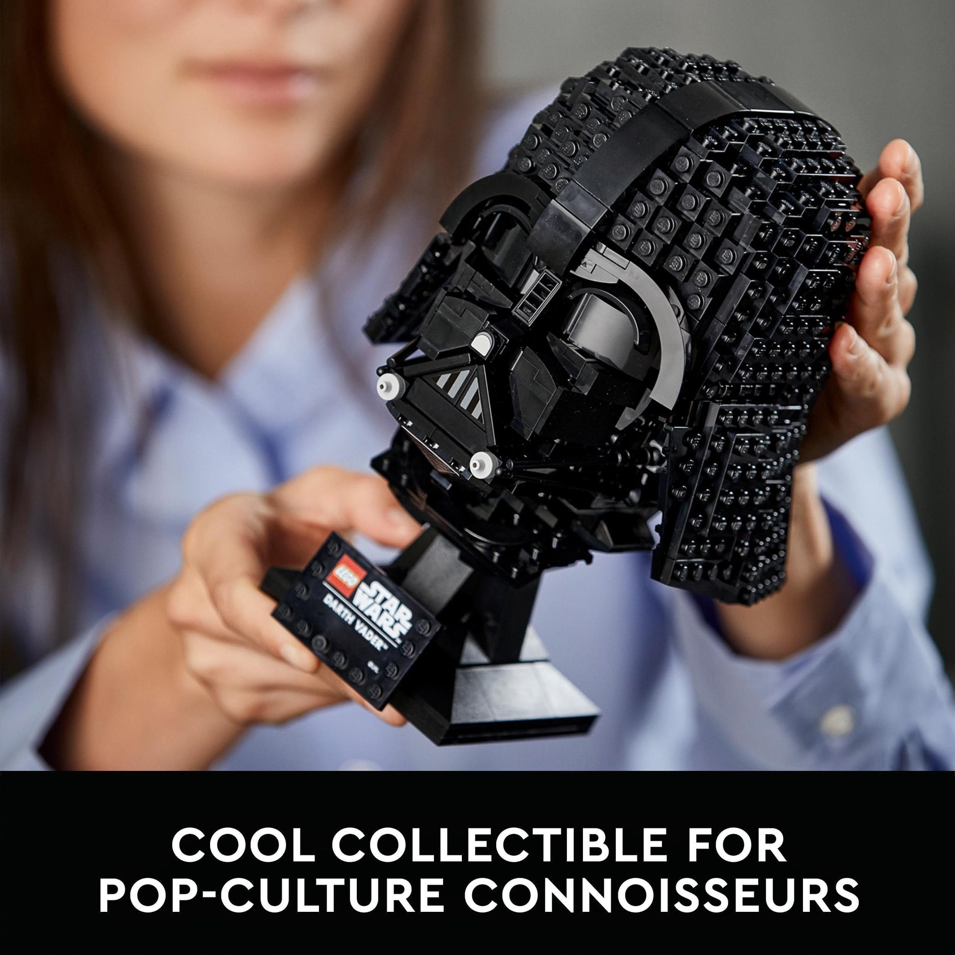 LEGO Star Wars Darth Vader Helmet set, detailed mask display model kit for adults, showcasing black helmet design.