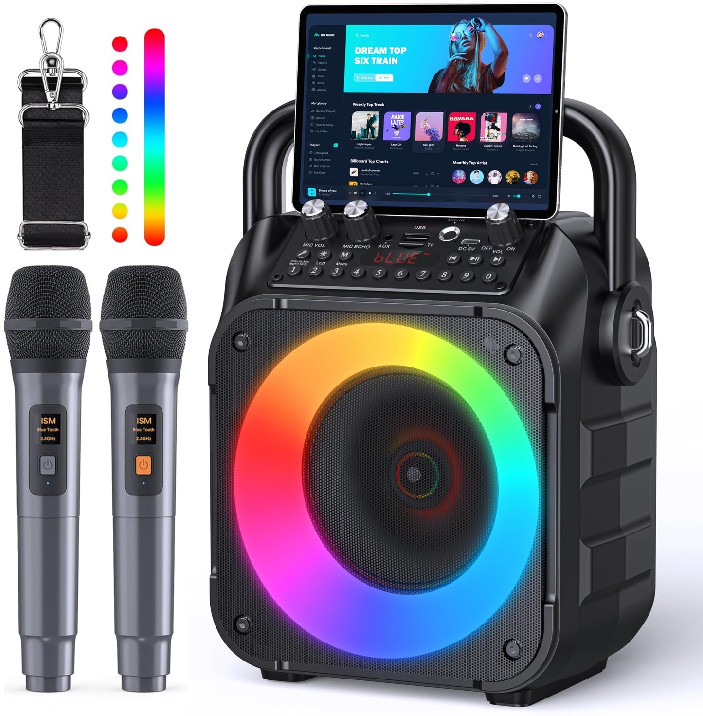 Wowstar portable karaoke machine with two wireless microphones, LED lights, Bluetooth speaker, TF/USB support, and FM radio.