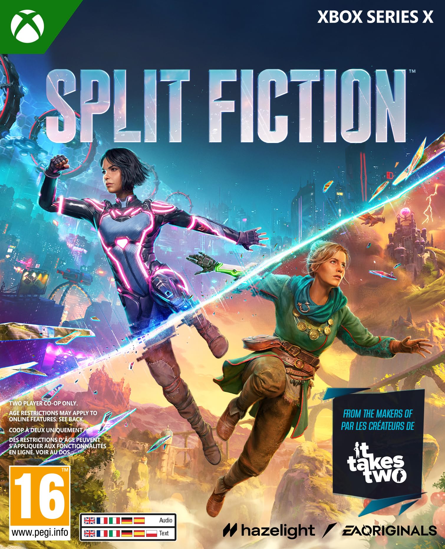 Split Fiction Xbox Series X video game by Electronic Arts showing gameplay scene on the console screen.