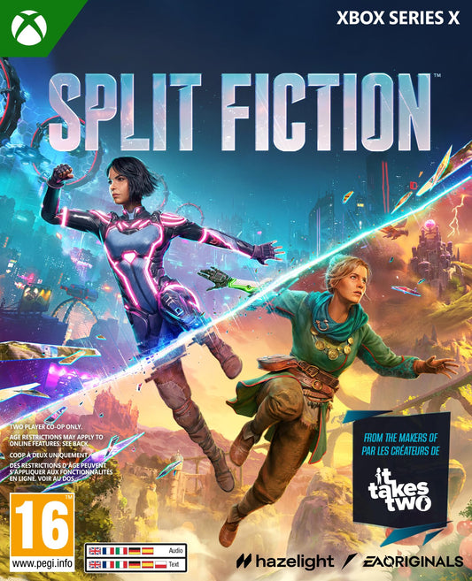 Split Fiction Xbox Series X video game by Electronic Arts showing gameplay scene on the console screen.