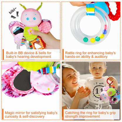 Funsland baby pram toys clip-on car seat rattle for infants and toddlers, soft sensory toys for newborns 0-6 months.