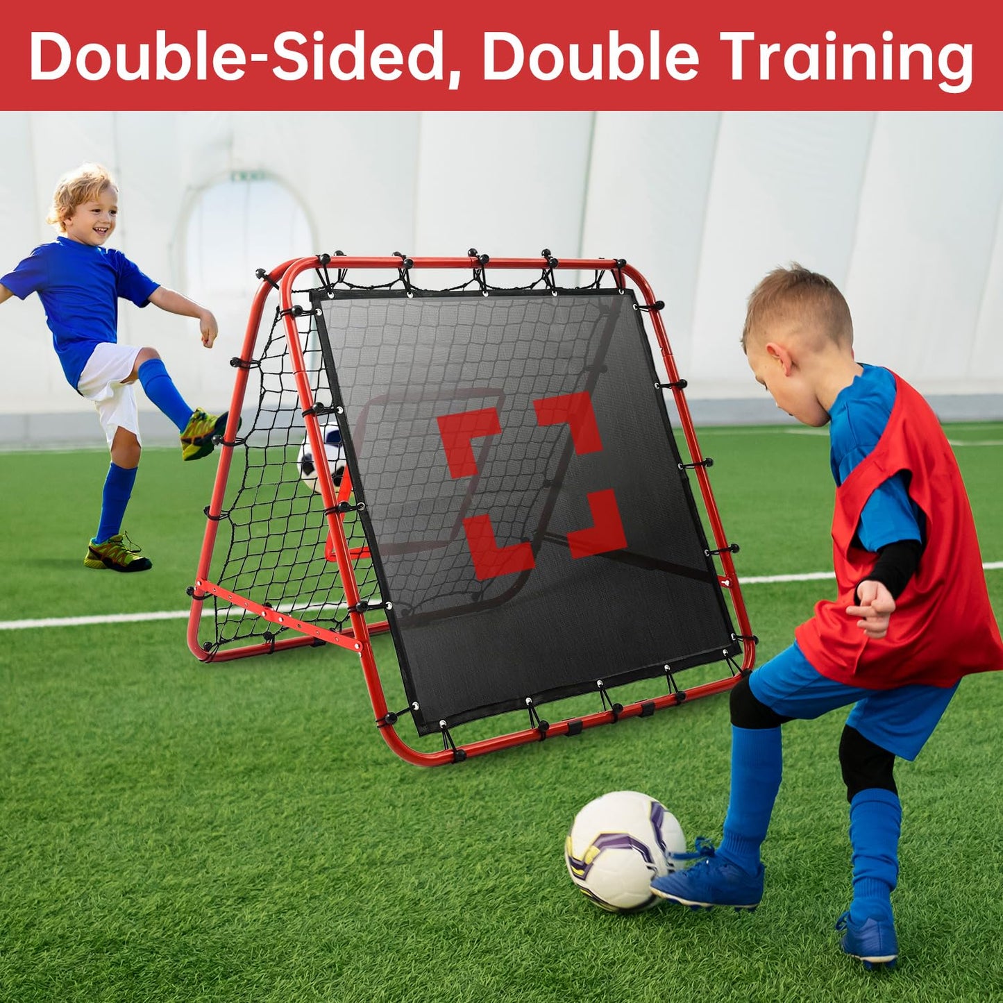 Double-Sided Football Rebounder Net, Adjustable Goal in 5 Levels, Rebound Net with Goal Kickback Target for Kids Soccer Training, Portable Football Goals for Garden Outdoor, 100 x 100 cm Red