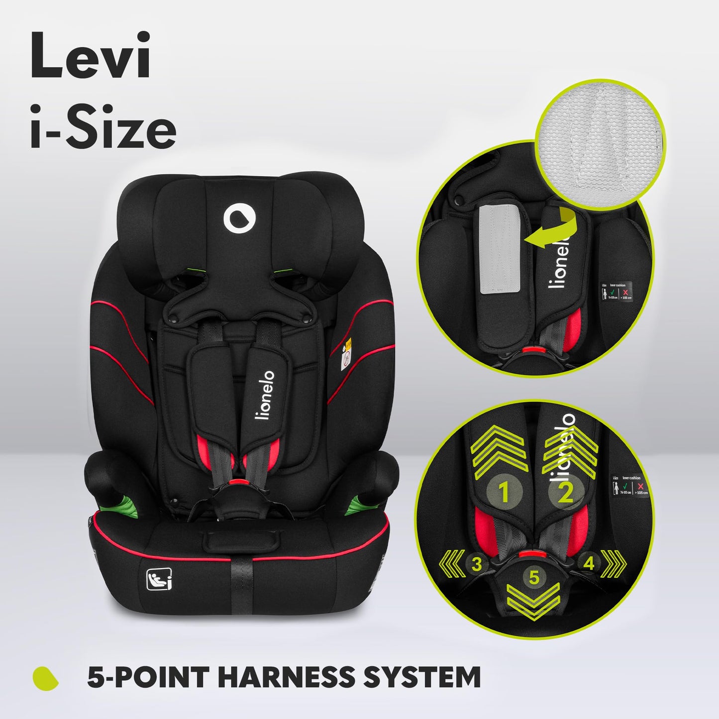 LIONELO Car Seat LEVI I-Size for baby 9-36 kg, Grows with Your Child from Infant to 12 Years Old, ‎10-Level headrest, Enhanced Side Protection, Armrests, Easy Install & Wash, Insert DriSeat, Certified