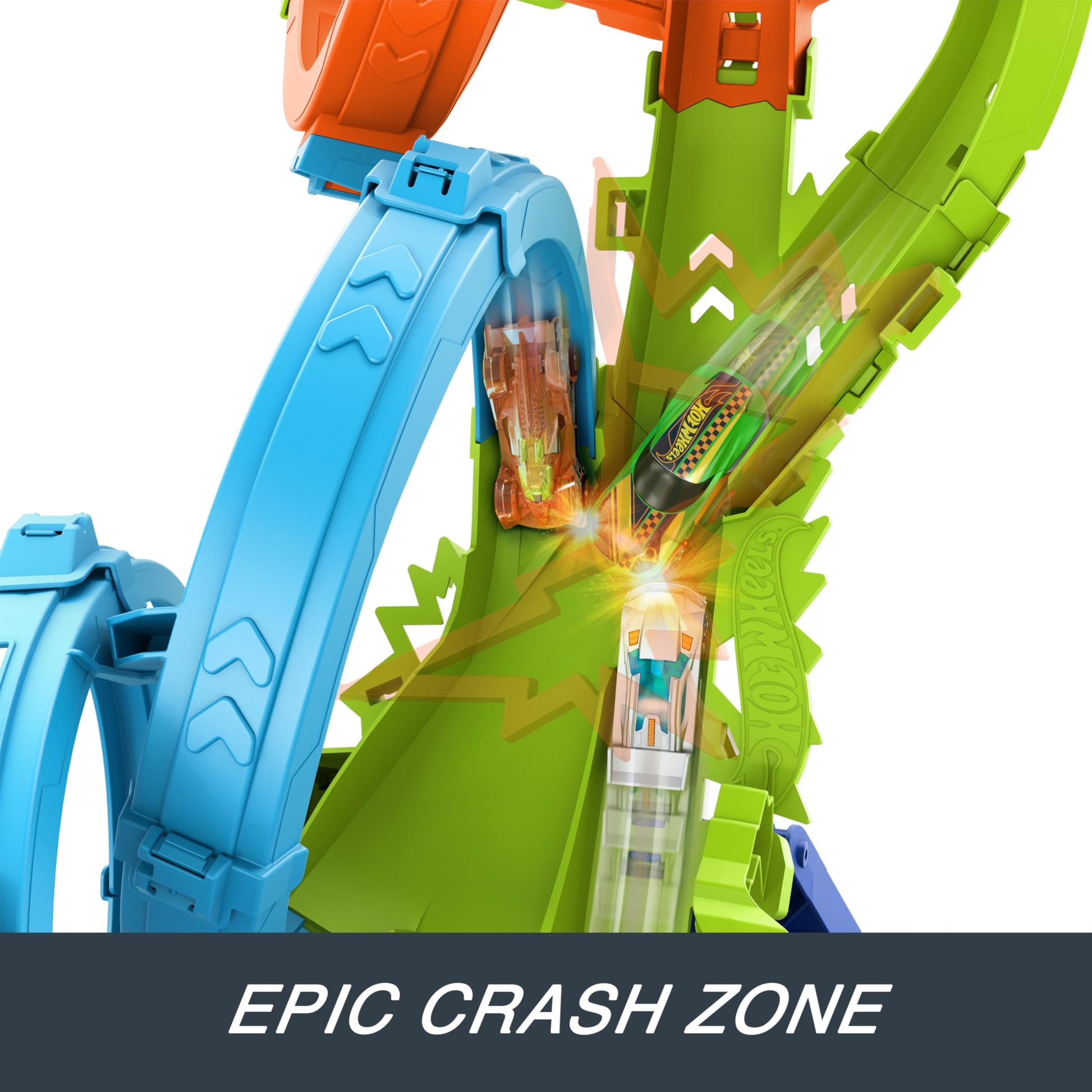 Hot Wheels track set featuring 4 loops, 3-way crash zone, motorized booster, and a 1:64 scale toy car.