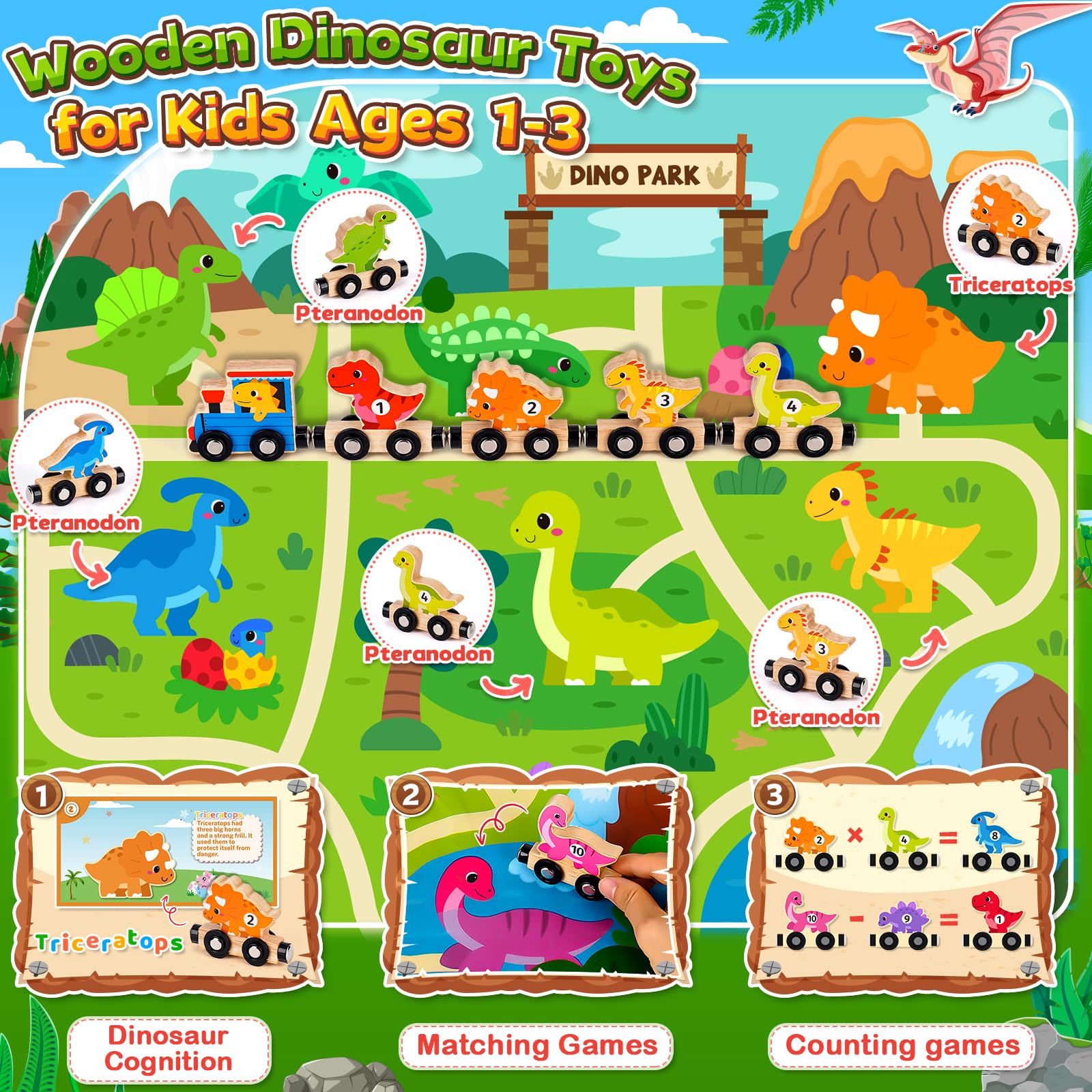Wooden magnetic dinosaur train toys for toddlers, featuring colorful dinosaurs and engaging design for ages 1-3.