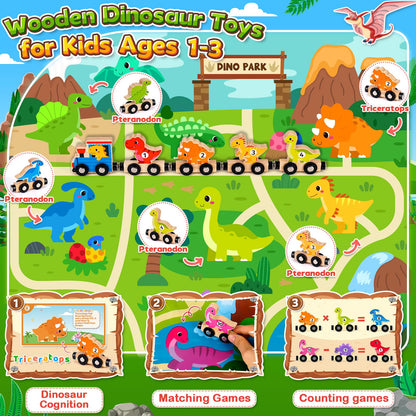 Wooden magnetic dinosaur train toys for toddlers, featuring colorful dinosaurs and engaging design for ages 1-3.