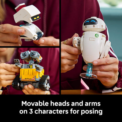 LEGO Disney Pixar WALL-E and EVE display model kit featuring brick-built robots and M-O & Hal figures for adults.