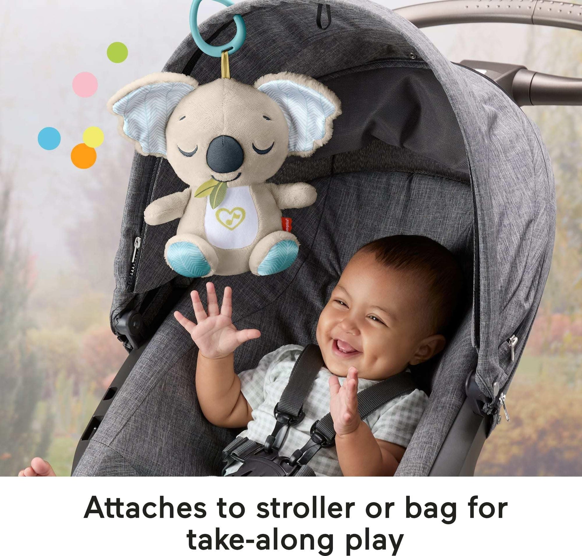 Fisher-Price Baby Toy On-the-Go Koala Soother plush sound machine with white noise and music for newborns, portable and soft.
