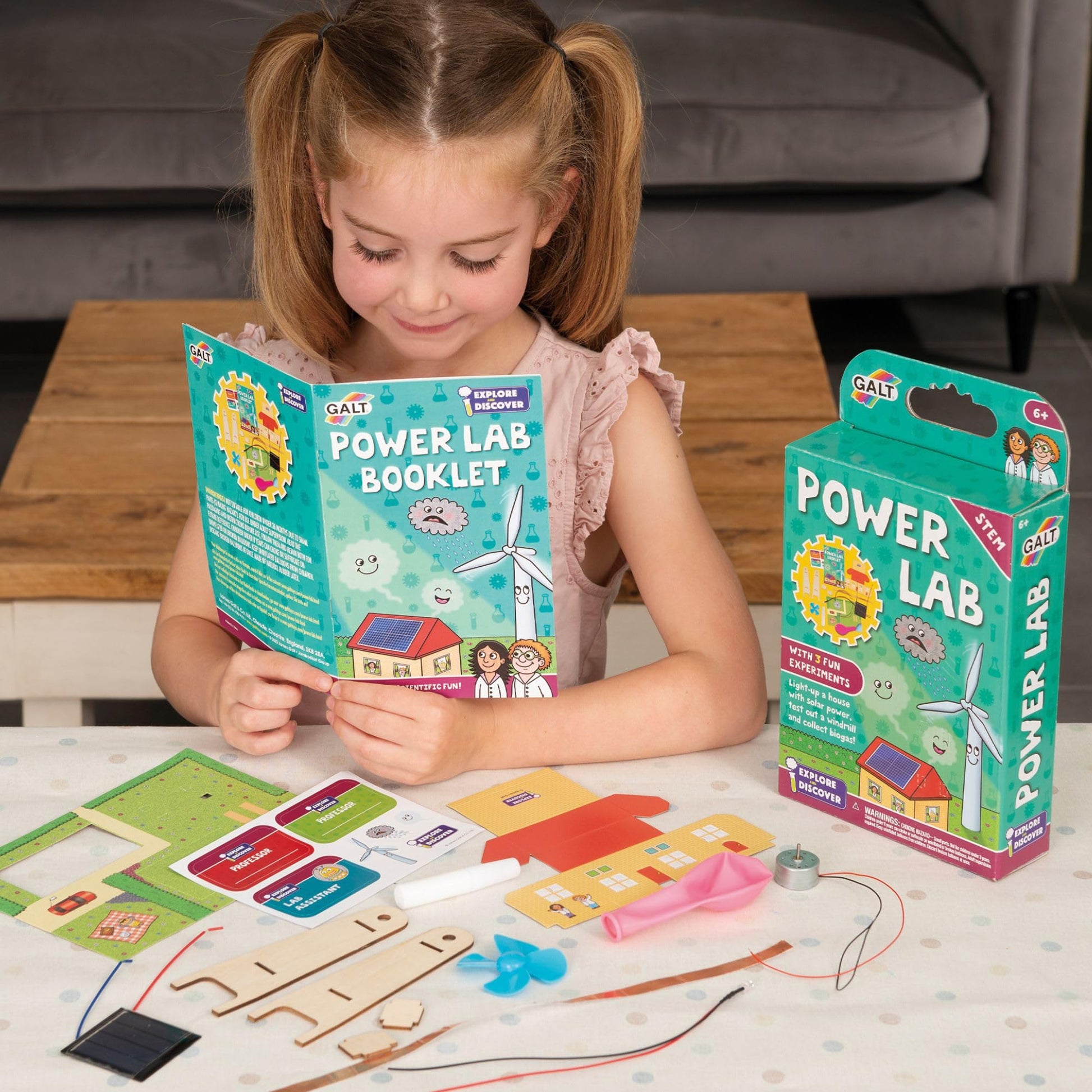 Galt Power Lab science kit with solar panel and motor, featuring experiments for kids aged 6+ to explore STEM concepts.