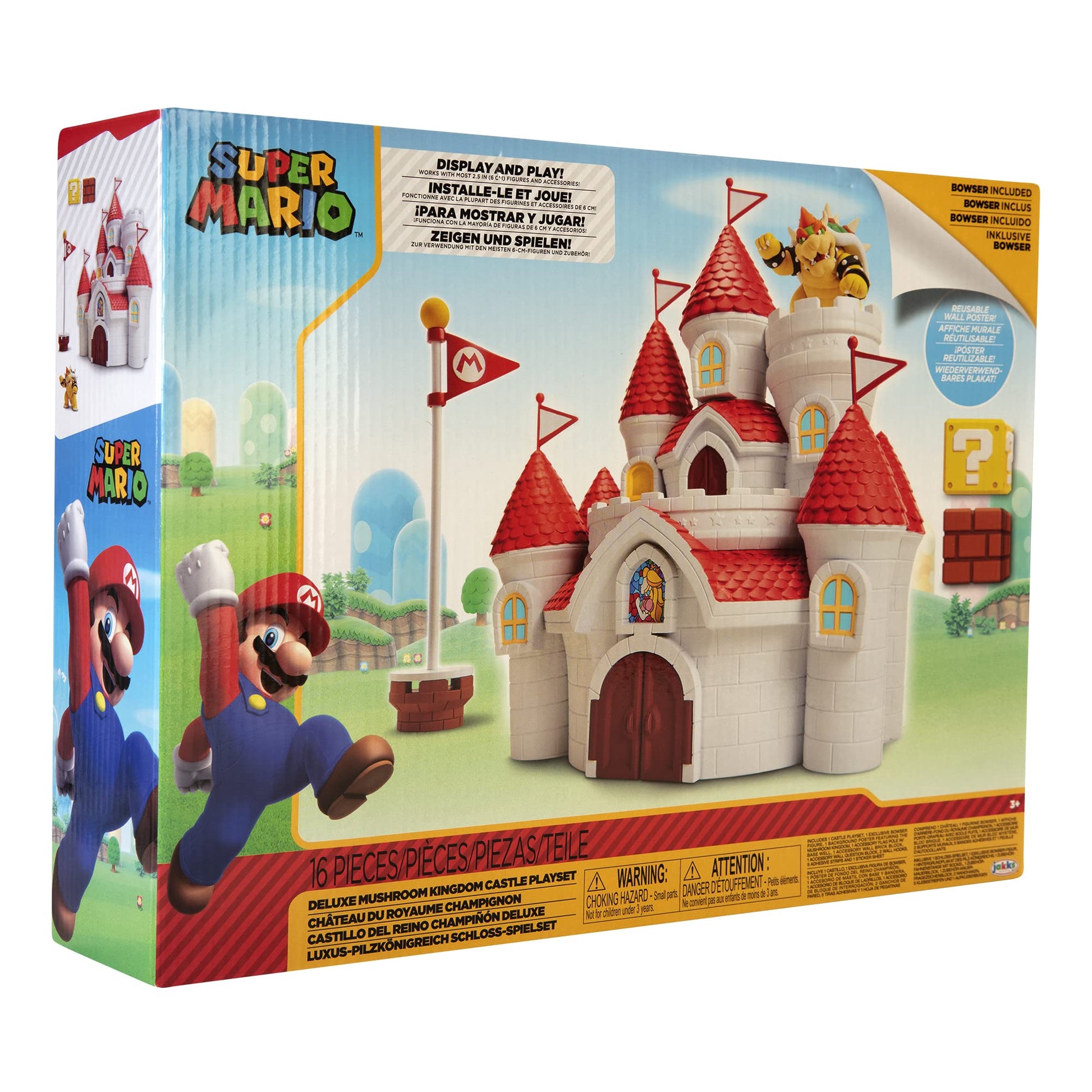 Nintendo Mushroom Kingdom Castle Playset with Bowser figure, accessories, wall poster, official Jakks Pacific licensed product.