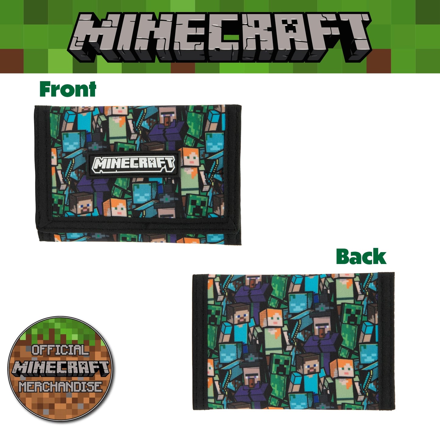 Minecraft Boys Wallet for Kids with Card Slots & Zip Coin Pocket Creeper Gamer Accessories Gaming Gift