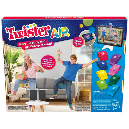 Hasbro Gaming Twister Air Party Game Includes 4 Twister Air Wrist Bands, 4 Twister Air Ankle Bands, Device Stand with clip, base, and post, and Game Rules For Ages 8+ Years