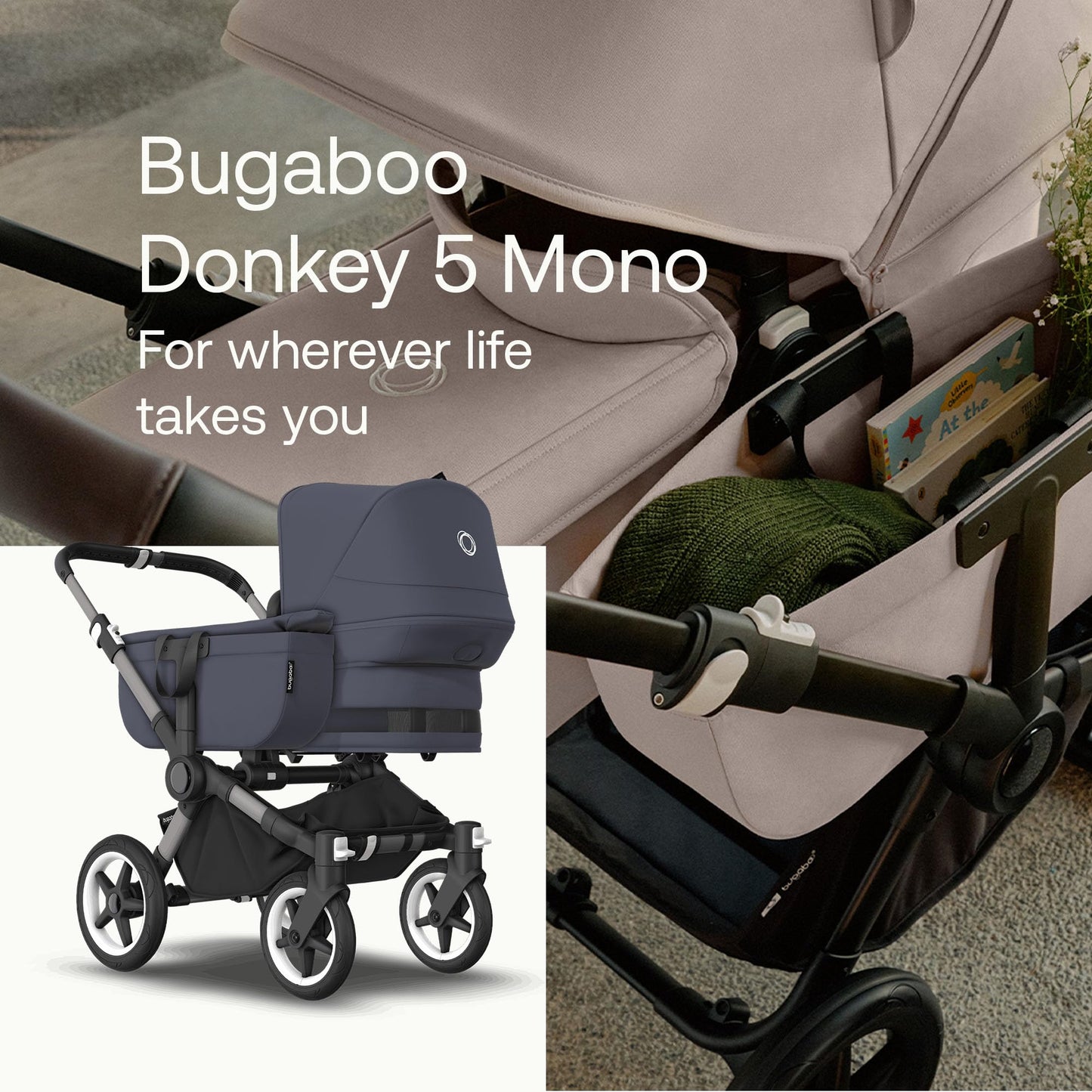 Bugaboo Donkey 5 Mono, Convertible Double Stroller, Improved Design, Reversible Seat, One Hand Steering, Side Basket, Graphite/Stormy Blue