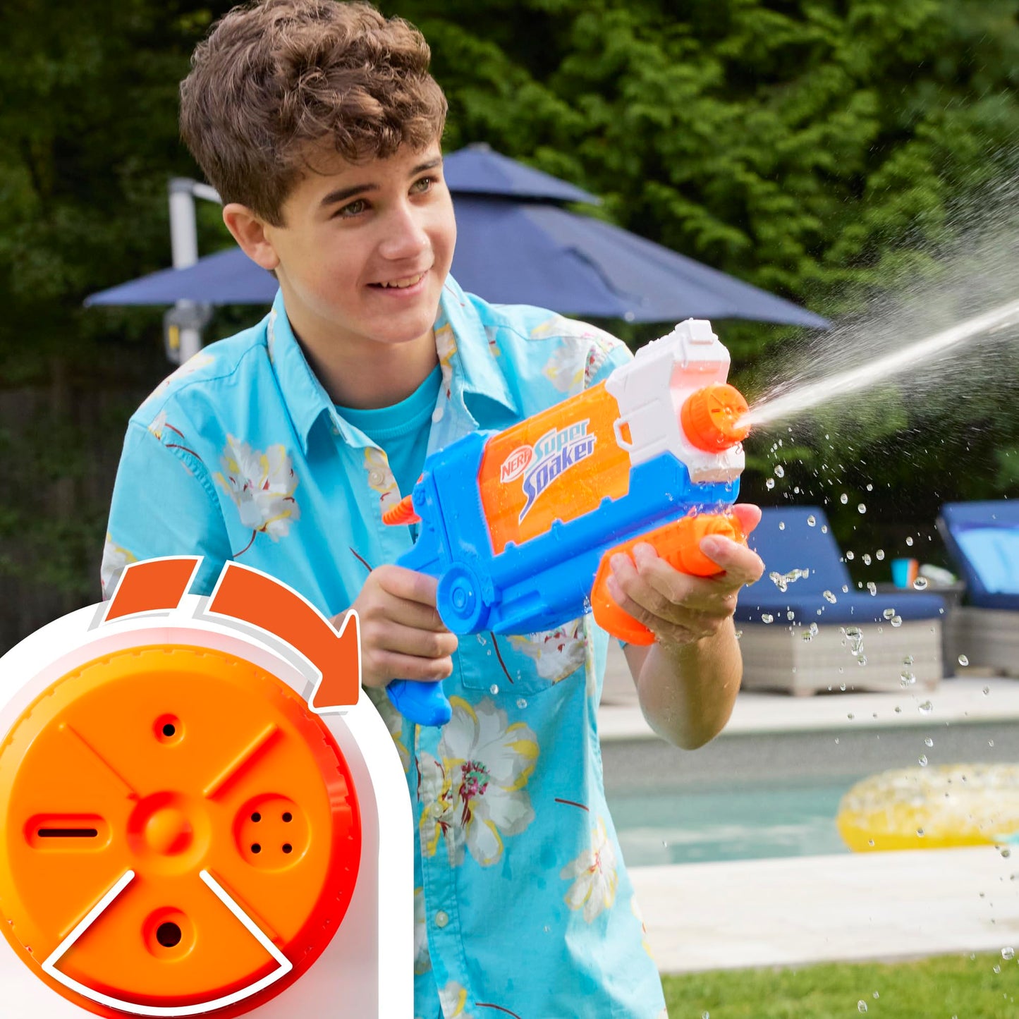 Nerf Super Soaker Flip Fill water blaster in multicolor, 887ml capacity, designed for garden water games and outdoor fun.