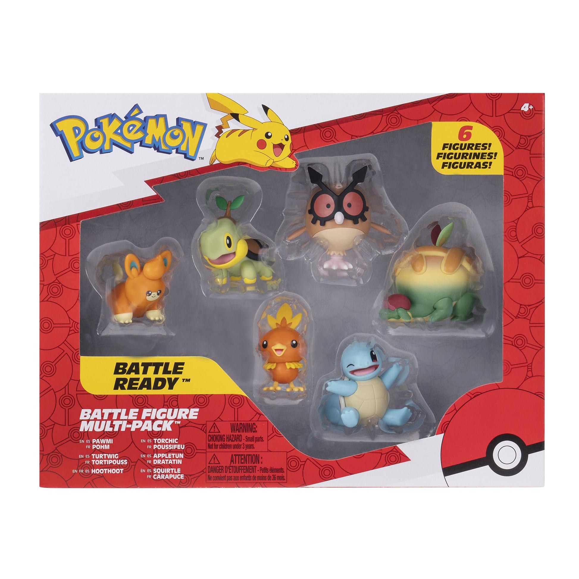 Pokémon Unova Battle Figure 6 Pack with 2-inch Pawmi, Squirtle, Torchic, Turtwig, Hoothoot, and Appleton figures.