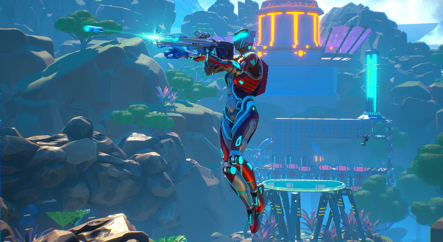Gameplay screenshot of NERF Legends for PS5 showing colorful NERF blasters and characters in an action-packed battle scene.