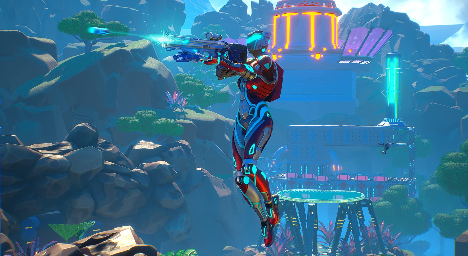 Gameplay screenshot of NERF Legends for PS5 showing colorful NERF blasters and characters in an action-packed battle scene.