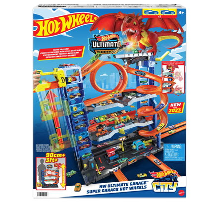Hot Wheels City Ultimate Garage playset with 4 levels, 2 die-cast cars, and storage for 50+ 1:64 scale cars.