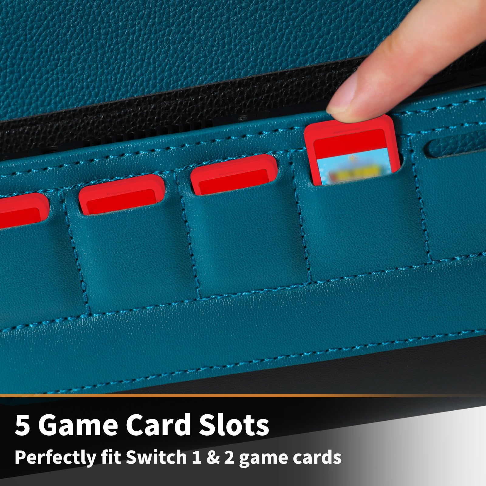 Blue PALPOW Switch 2 travel case with slim design, five game card holders, and leather sleeve for Nintendo Switch console and accessories.