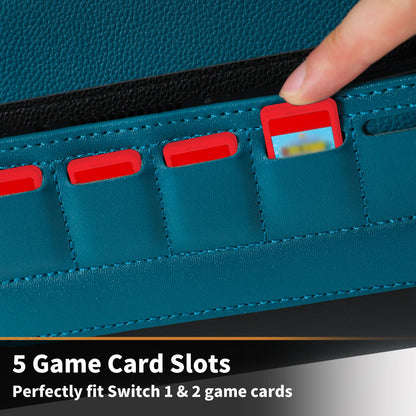 Blue PALPOW Switch 2 travel case with slim design, five game card holders, and leather sleeve for Nintendo Switch console and accessories.