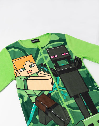 Minecraft Creeper Boys Green Zip-Up Onesie | Long Sleeve Microfleece Sleepwear with Steve & Enderman Print | Kids Gamer Nightwear | Ideal for Bedtime & Lounging Merch - 9-10 Years