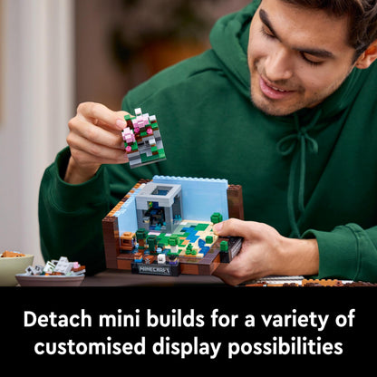LEGO Minecraft The Crafting Table set with Steve, Alex, and 8 characters, designed for adult builders and gaming decor.