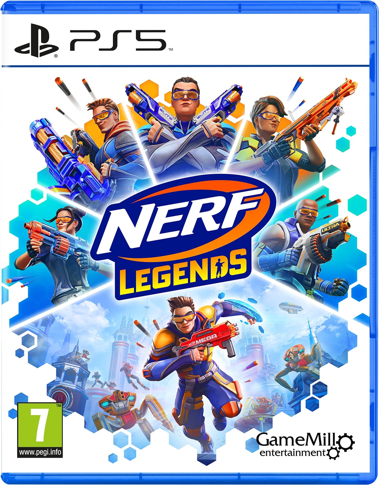 Nerf Legends game for PS5 showing colorful, action-packed gameplay with Nerf blasters on the screen.