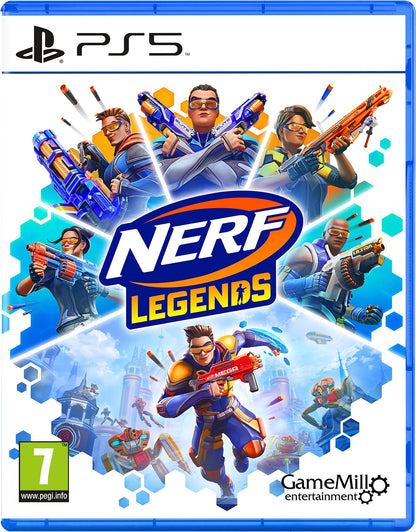 Nerf Legends game for PS5 showing colorful, action-packed gameplay with Nerf blasters on the screen.