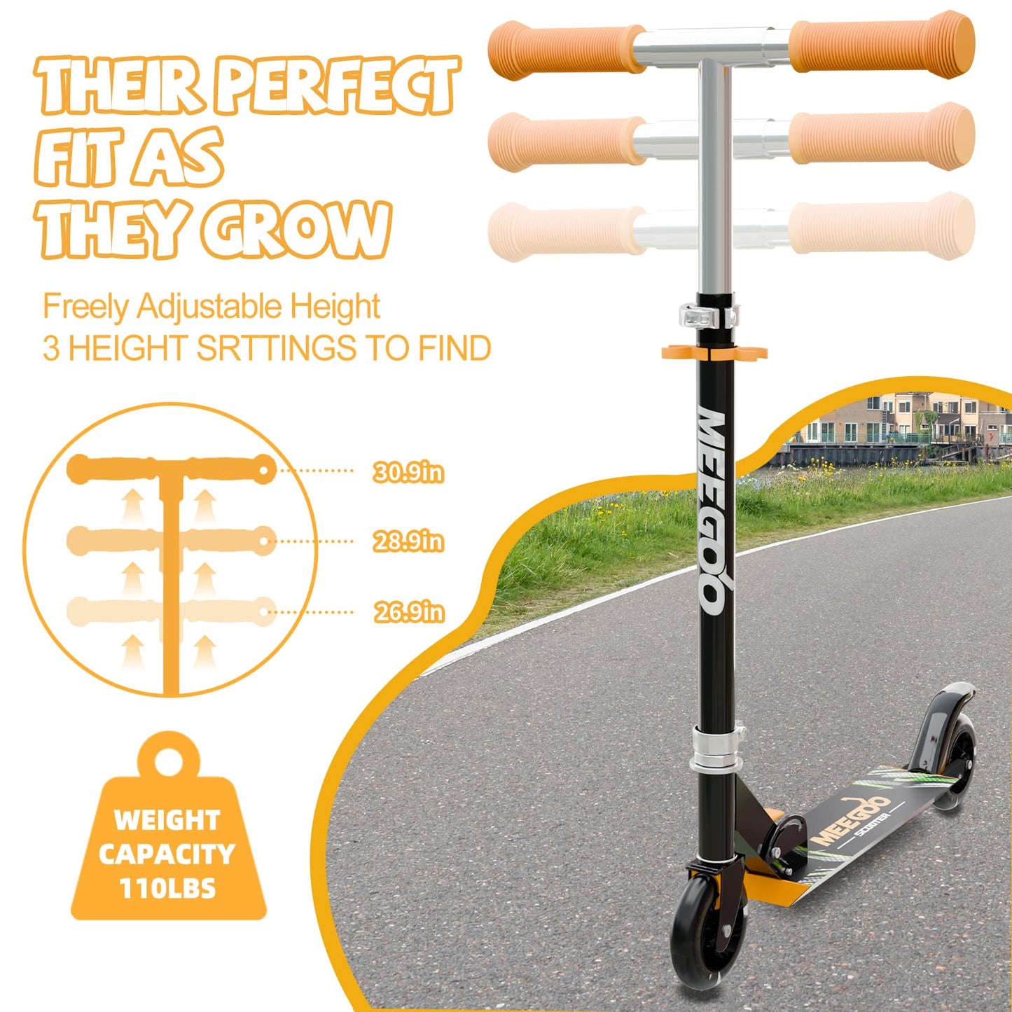 MEE GOO black scooter for kids ages 3+, featuring light-up wheels, adjustable handlebar, and rear brake.