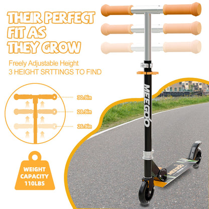 MEE GOO black scooter for kids ages 3+, featuring light-up wheels, adjustable handlebar, and rear brake.