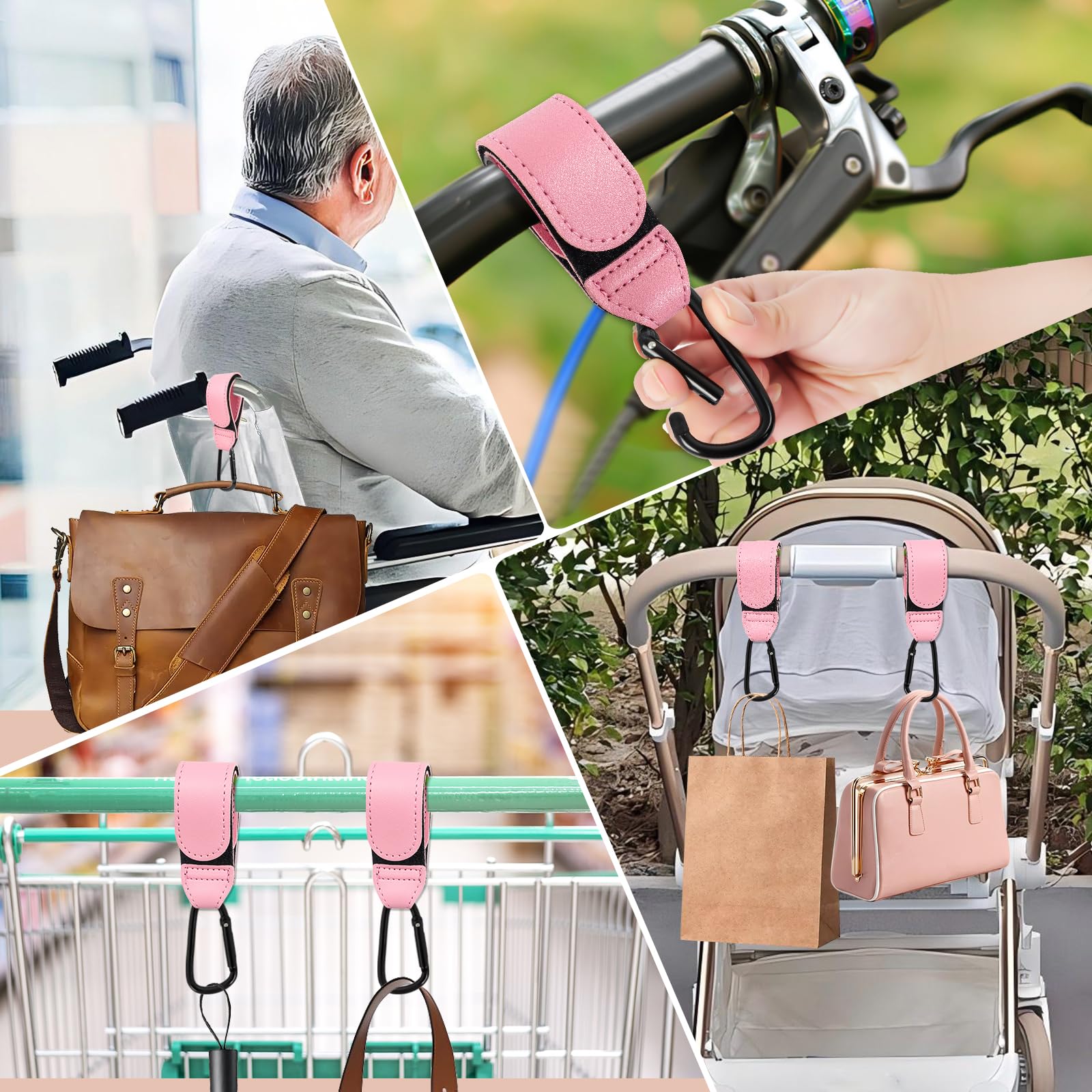 Pink 4-pack leather buggy clips for pram, stroller, bike, and bag hooks, universal pram accessories for pushchair and backpack.