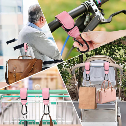 Pink 4-pack leather buggy clips for pram, stroller, bike, and bag hooks, universal pram accessories for pushchair and backpack.