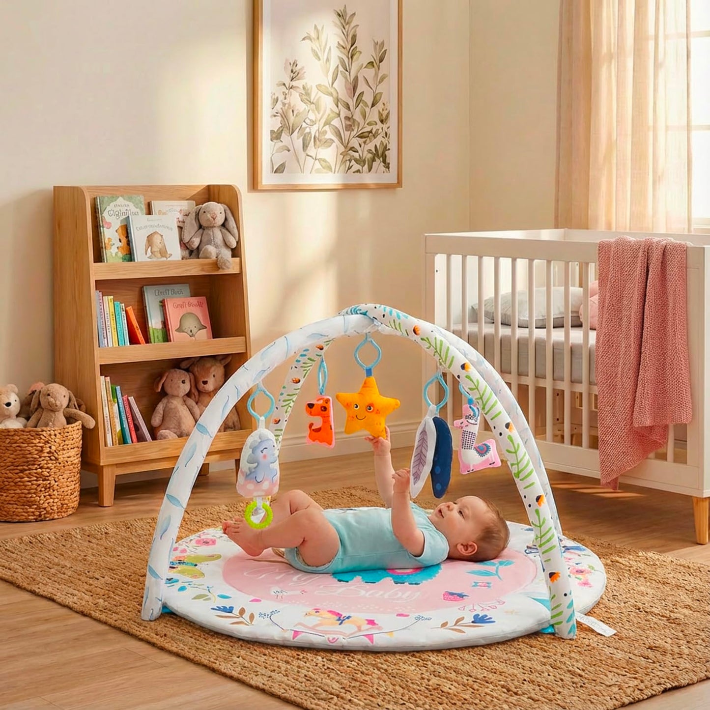 MFSLOVE Baby Play Mat and Activity Gym, Colorful Animal Design with 5 Hanging Toys, Interactive Floor Mat for Infants, Round Padded Playmat for 0-12 Months(Llama)