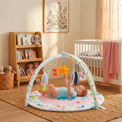MFSLOVE Baby Play Mat and Activity Gym, Colorful Animal Design with 5 Hanging Toys, Interactive Floor Mat for Infants, Round Padded Playmat for 0-12 Months(Llama)