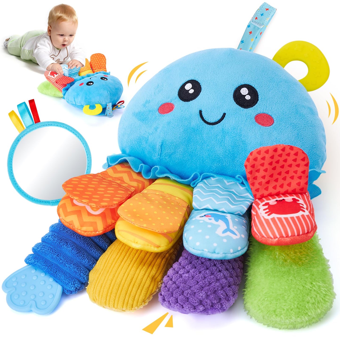 hahaland 8-in-1 Tummy Time Sensory Toy - 3+ Months Baby Rattle, Mirror & Teether Plush Toy - 0-12M Newborn Gift for Boys & Girls, Washable Soft Fabric, Octopus Montessori Toy