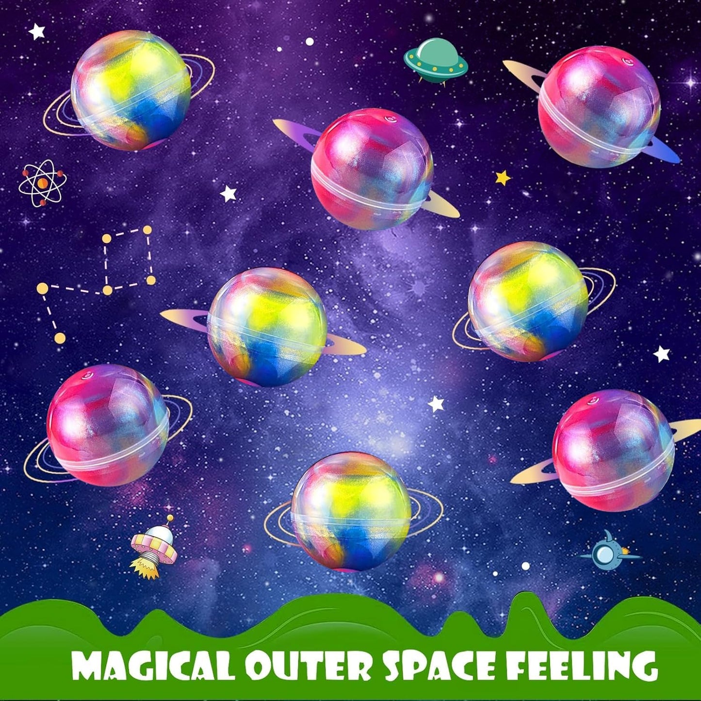 Set of 24 Galaxy Slime Balls by SJOAUET, stretchy, non-sticky slime toys in vibrant galaxy colors for stress relief and party favors.