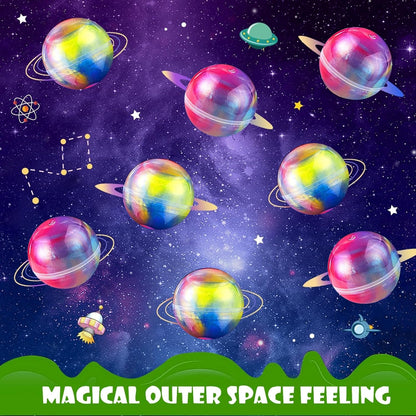 Set of 24 Galaxy Slime Balls by SJOAUET, stretchy, non-sticky slime toys in vibrant galaxy colors for stress relief and party favors.