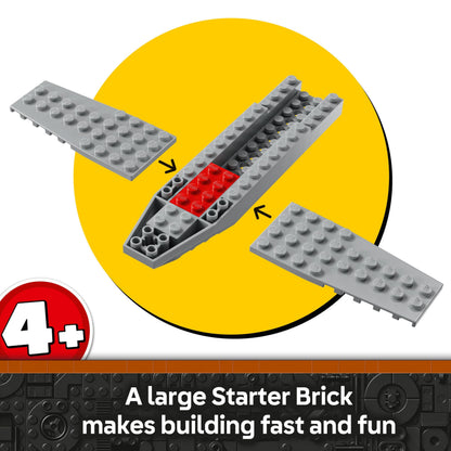 LEGO Star Wars 75410 Mando and Grogu's N-1 Starfighter with minifigures and fueling station in a colorful playset.