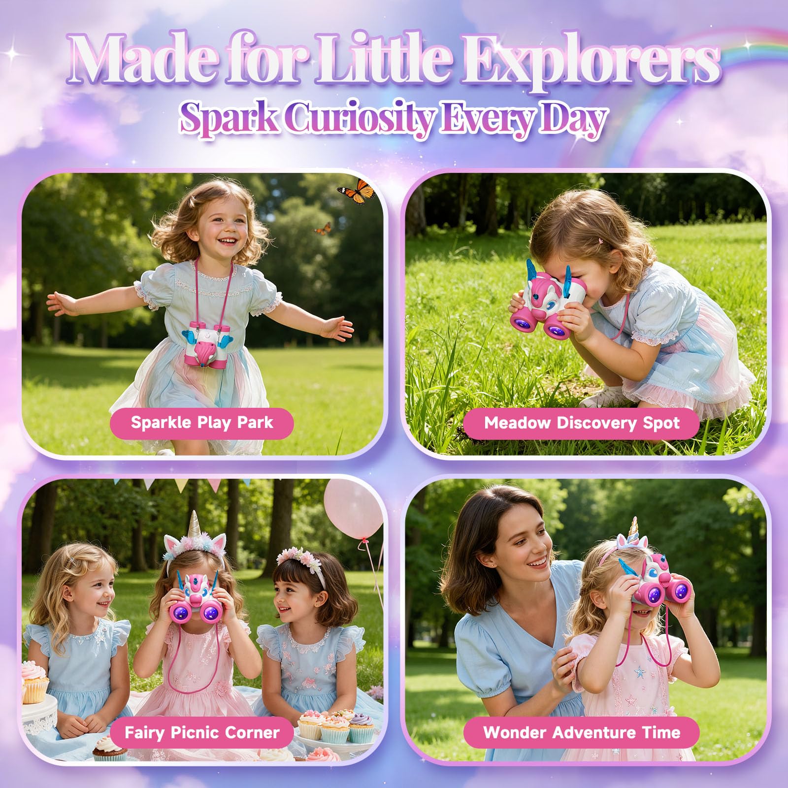 Kidluna kids binoculars with bird watching manual, colorful unicorn design for girls, outdoor garden toy for ages 3-9.