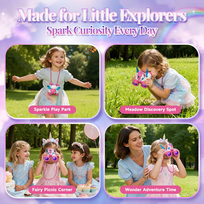 Kidluna kids binoculars with bird watching manual, colorful unicorn design for girls, outdoor garden toy for ages 3-9.