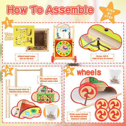 Wondertoys wooden activity cube with colorful shapes, beads, and sliding puzzle for baby learning and play.