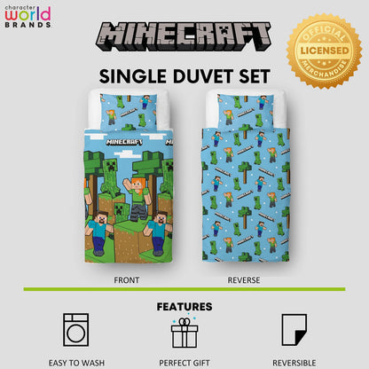 Minecraft Official Single Duvet Cover Set, Epic Design | Blue Reversible 2 Sided Bedding Duvet Cover Official Merchandise Including Matching Pillow Case