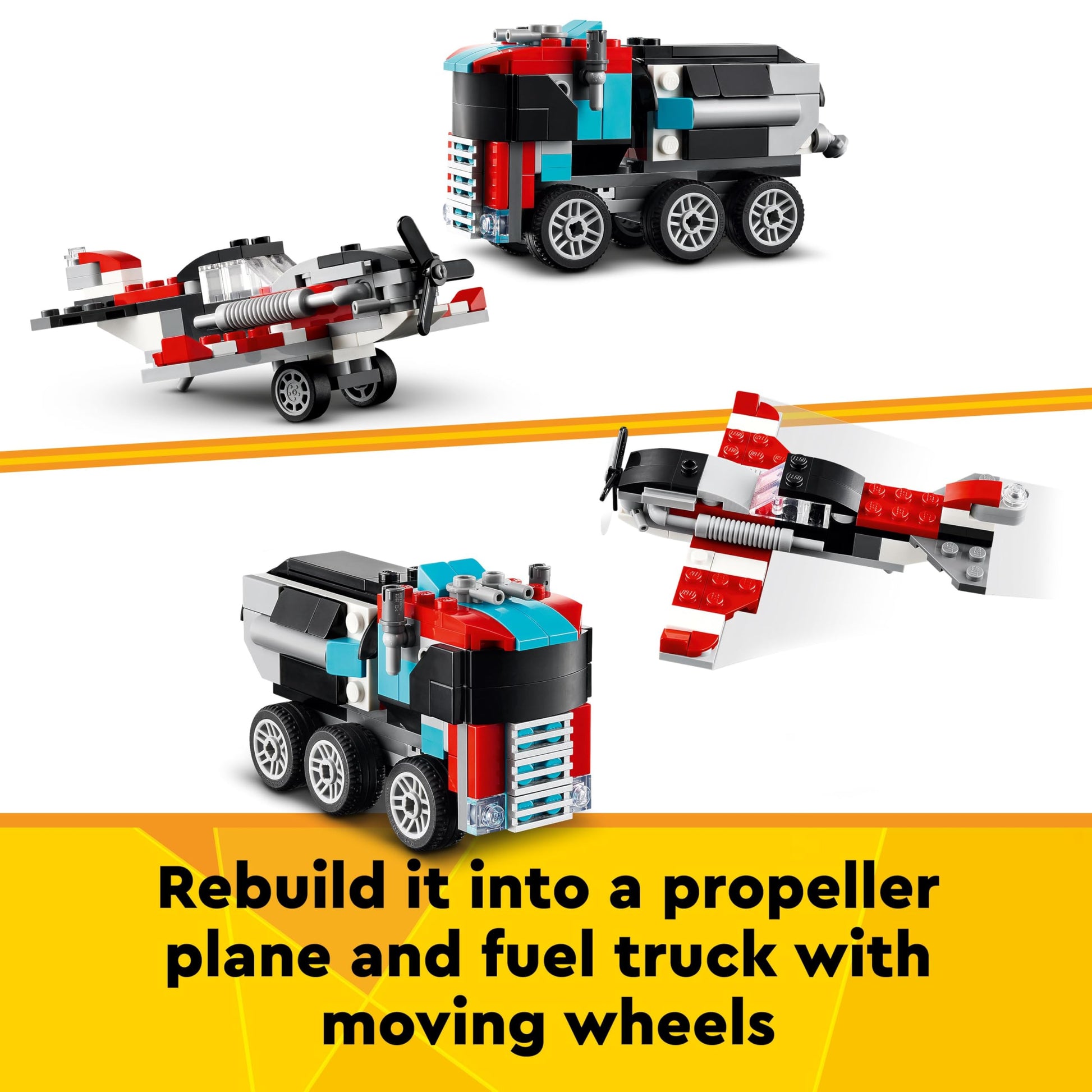 LEGO Creator 3in1 flatbed truck with helicopter, propeller plane, and fuel lorry, ideal for kids 7 and up.