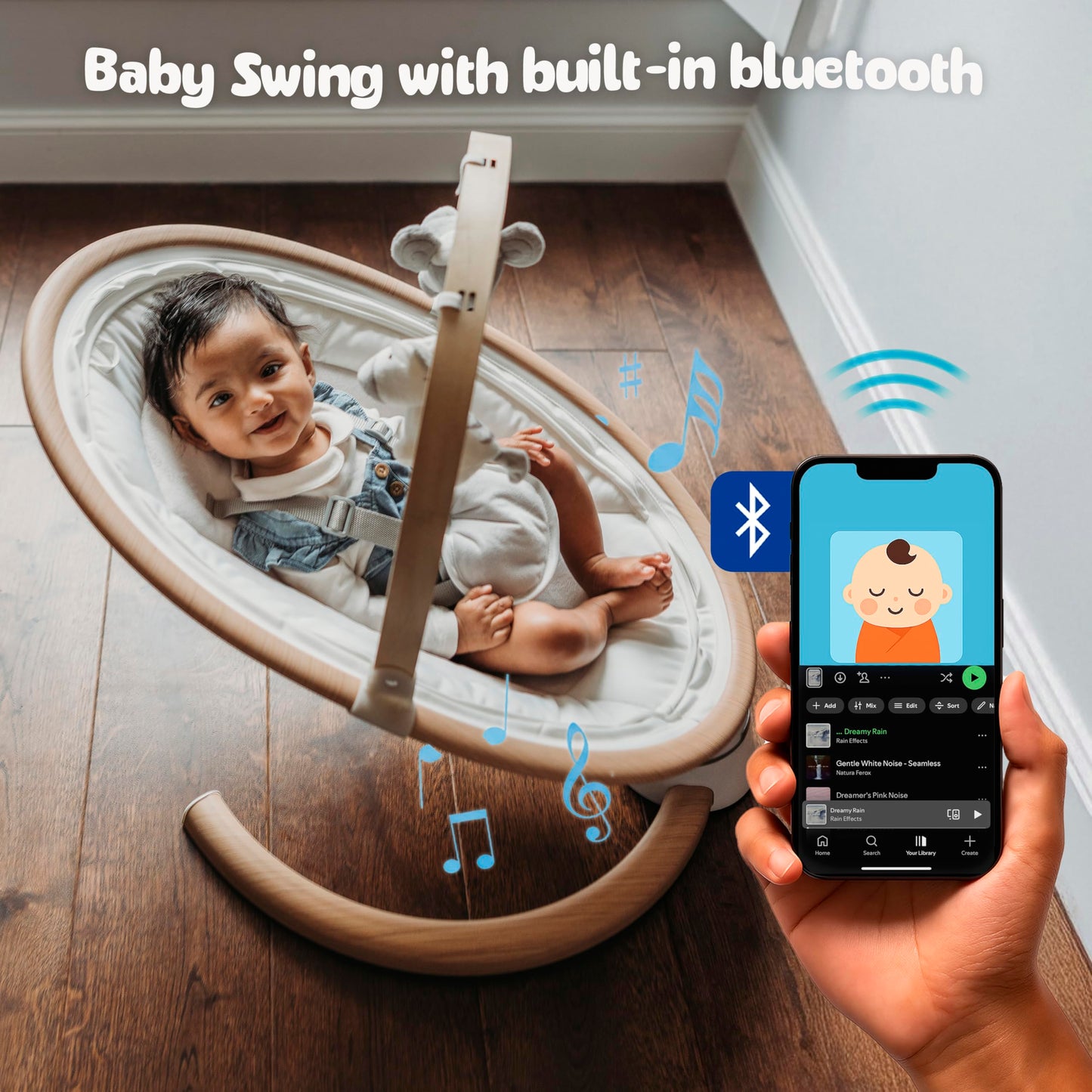 BooBoo Baby swing and bouncer seat with toy bar, Bluetooth audio, remote, and carry case, designed for infants' comfort and entertainment.