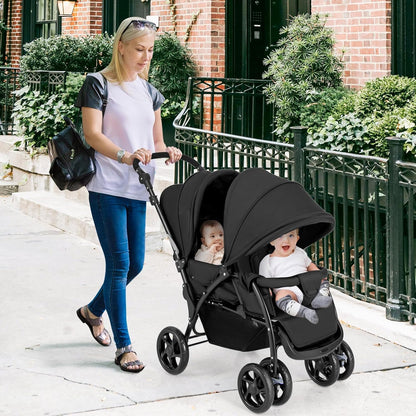 Foldable Twin Stroller, Double Baby Pushchair w/Multi-Level Backrest, Canopy, Handle & Footrest, Safety Belt & Brake System, Travel Tandem Seating Stroller w/Lockable Wheels (Black)